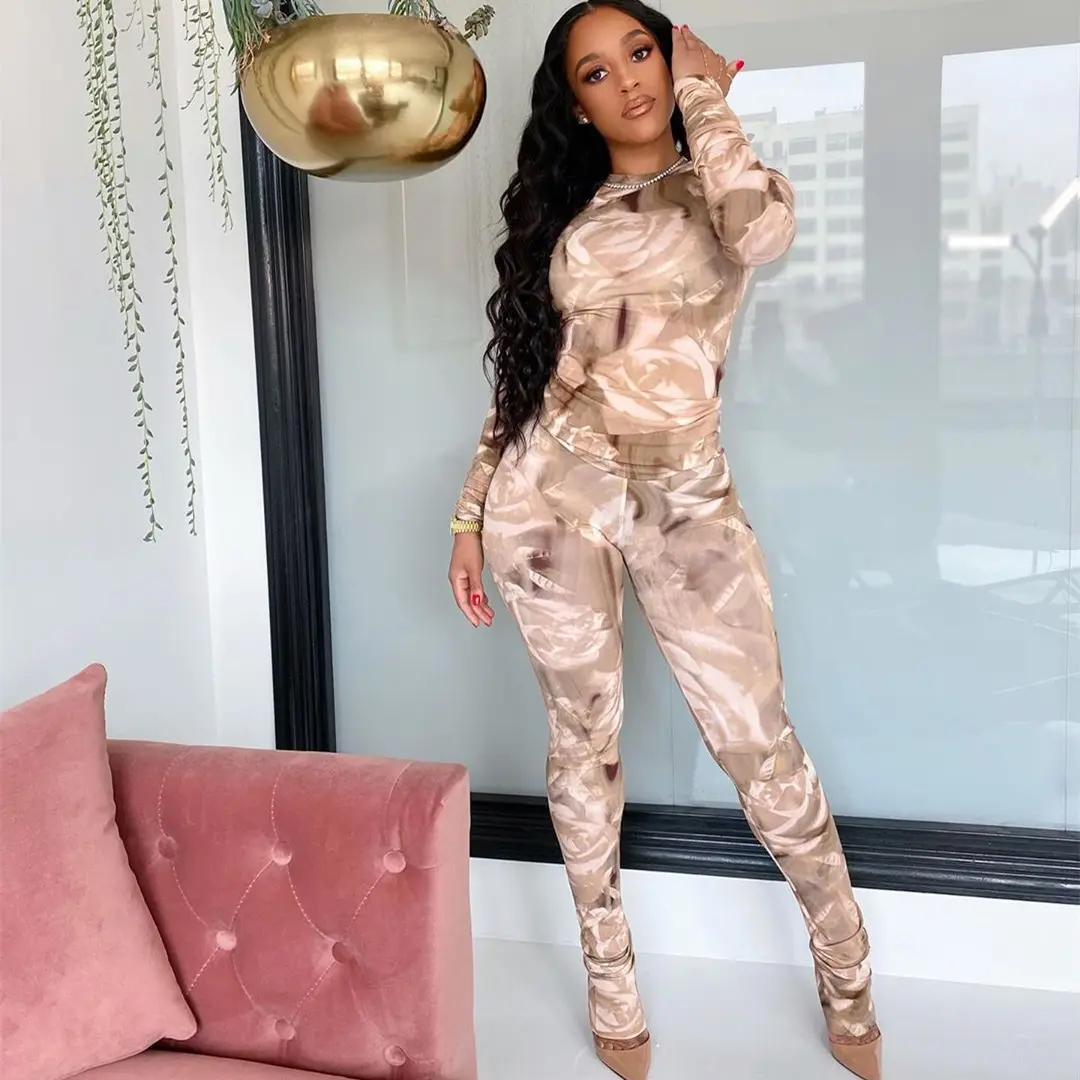 Khaki Printed Long Sleeve Pants Set – Casual Two-Piece Lounge & Streetwear Outfit