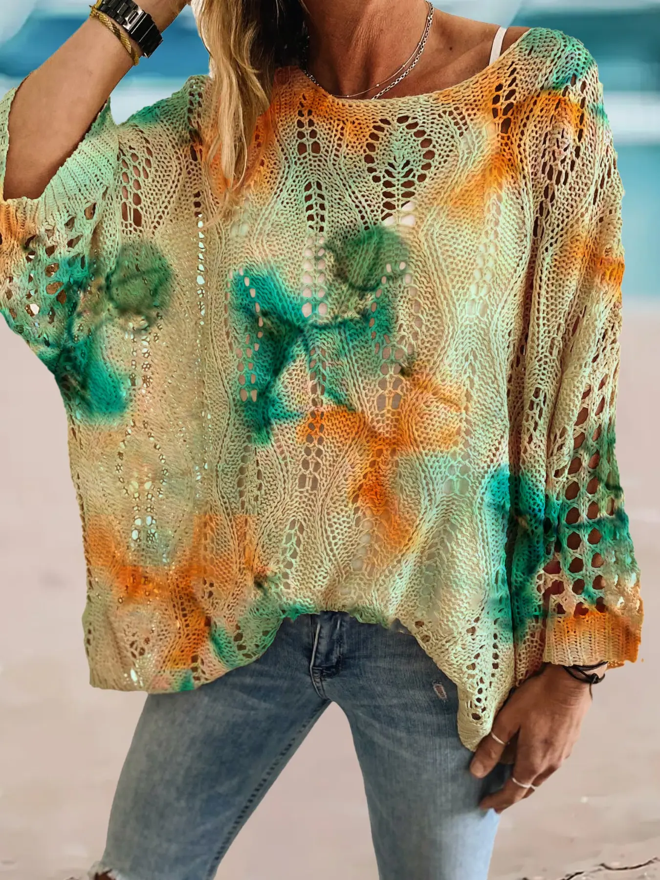 Women's Summer Knit Top, Boho Style, Loose Fit, All over Marble Print, Long Sleeve, Vacation Wear, Casual Elegance, Commuter Vest