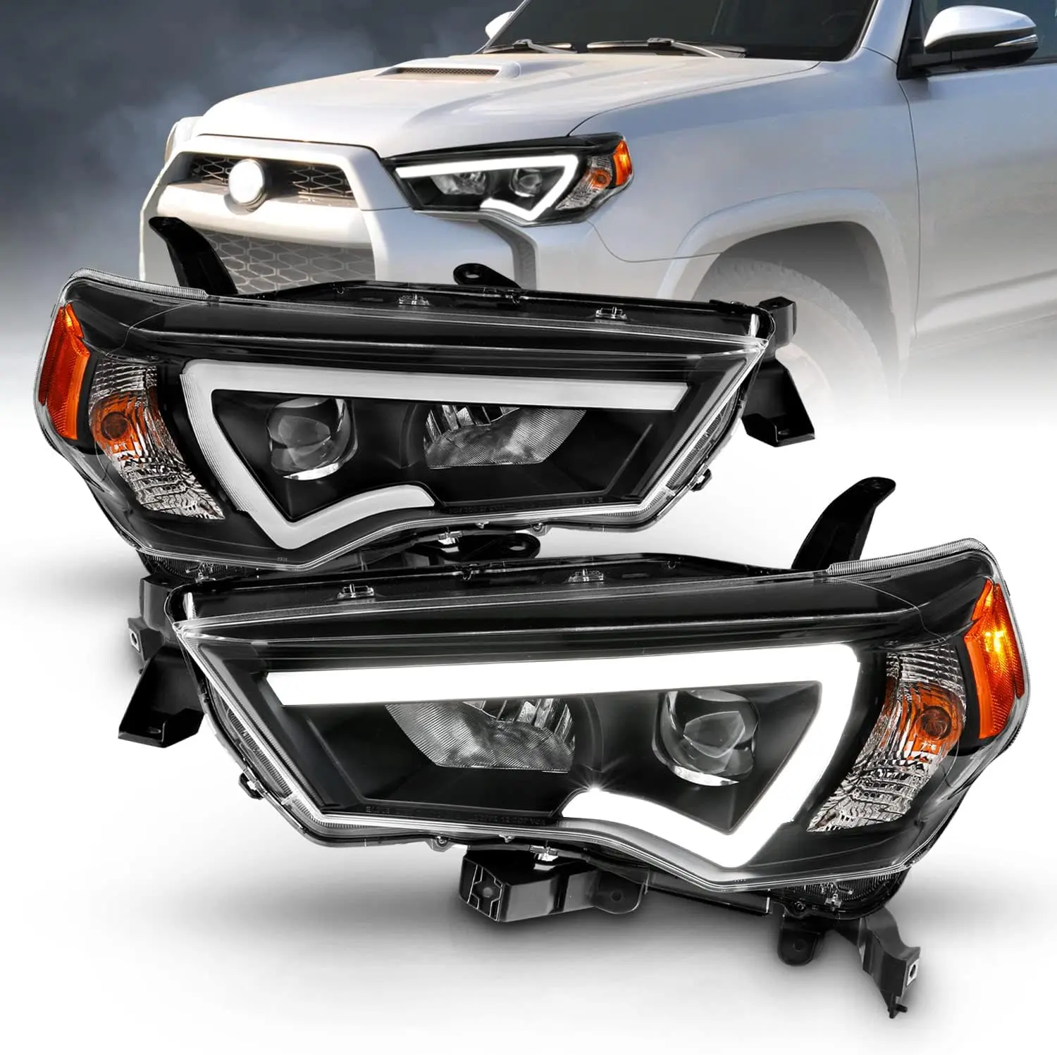 AmeriLite for 2014-2023 Toyota 4-Runner LED Tube Square Projector Black Replacement Headlights Set - Passenger and Driver Side