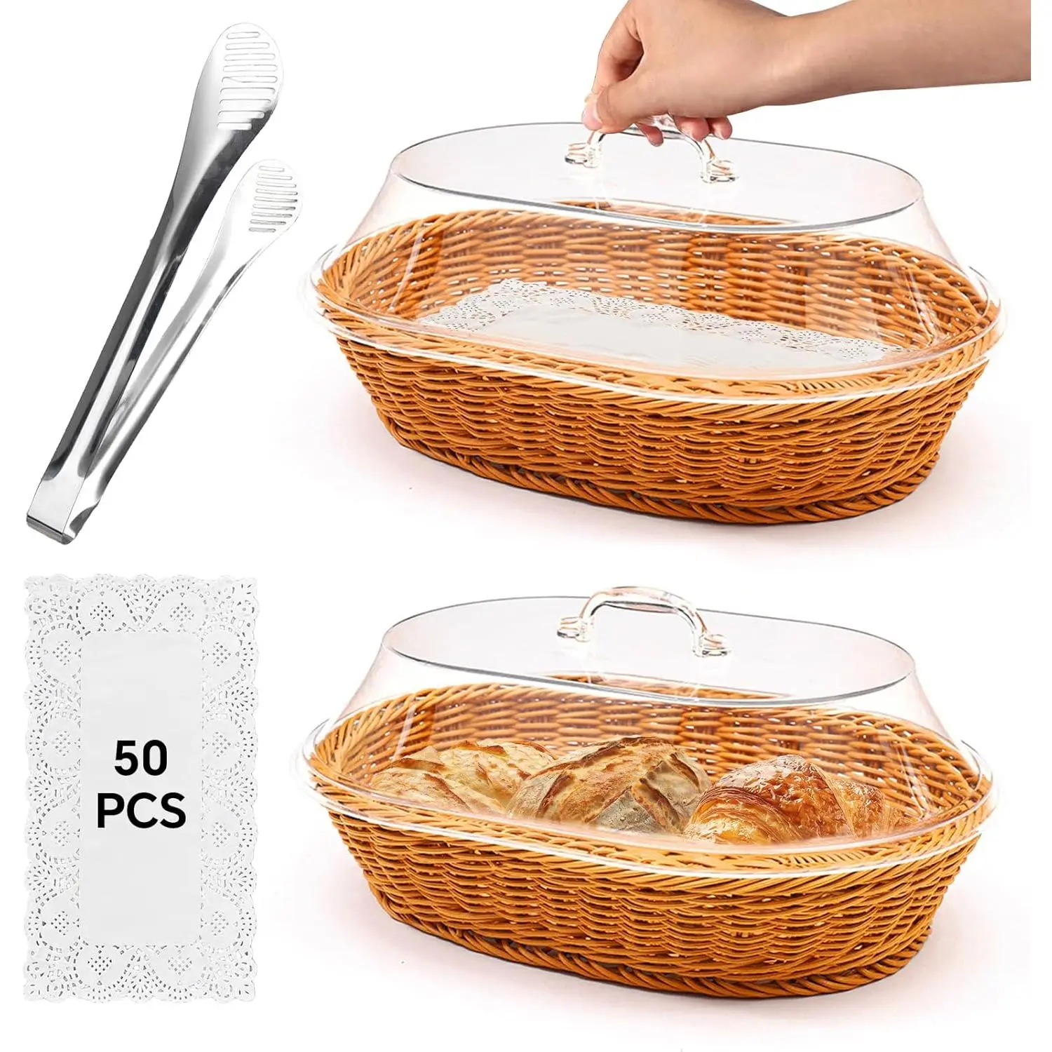 Durable Synthetic Rattan Bread Basket Set (2-Pack Oval Woven Kitchen Baskets) with Lid, Stainless Steel Tongs, Lace Doilies, 15.75x11.81in for Dining Setting, Restaurant Serving Food, Bread Display