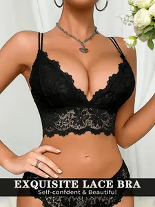 Women's Lace Bralette, Unlined Bra, Feminine Sexy Comfortable Push-Up Wireless Breathable Slimming Bra, French Backless Design, All-Season Fitted Innerwear