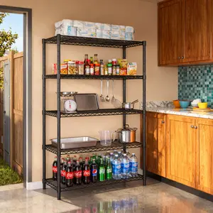 【Storage essentials】Raybee 5-Tier 71‘’H Garage Shelving,Adjustable Metal Wire Storage Shelves Units for Laundry,Kitchen,Pantry Organizer & Closet Rack,Bookshelves & Kitchen storage shelves,Space-saving shelves,Essential for homemakers and parents,Black