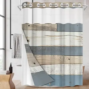 1pc hookless shower curtain with buckle lining, gray, blue wood grain patchwork design, fabric waterproof lining, see-through double-layer, 71 x 74 inches, modern home curtain, Shower Curtain Liner