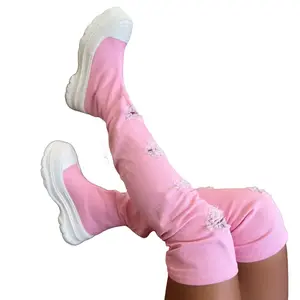 LOOKS Pink Denim Distressed Thigh High Sneaker Boot