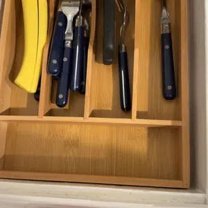 Bamboo Utensil Organizer for Kitchen Drawers with 5 Slots - Sturdy Wooden Drawer Dividers for Silverware, Cutlery & Knives Storage - Multi-Purpose Tray for Home Organization