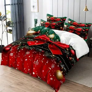 3 pieces red and green Christmas bedding set, Christmas ball snowflake bow decorative pattern duvet cover set (1 * duvet cover + 2 * pillowcase, without core)