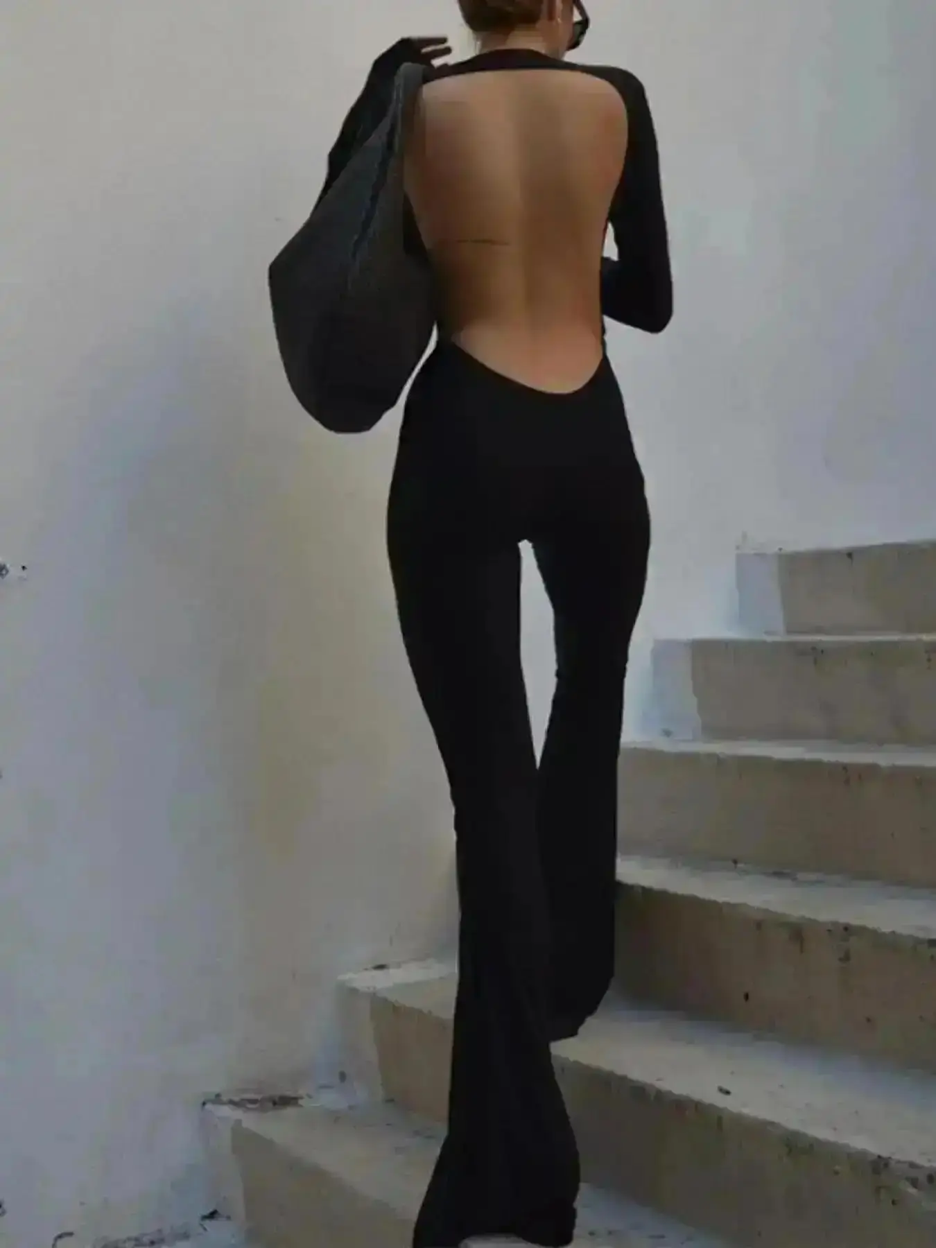 Women's Solid Backless Flare Leg Jumpsuit, Sexy Long Sleeve Round Neck Bell Bottom Jumpsuit For Spring & Fall, Ladies Clothes For Daily Wear, Classic Design, Easy Styling, Simple Style, Casual Chic, Easy Styling