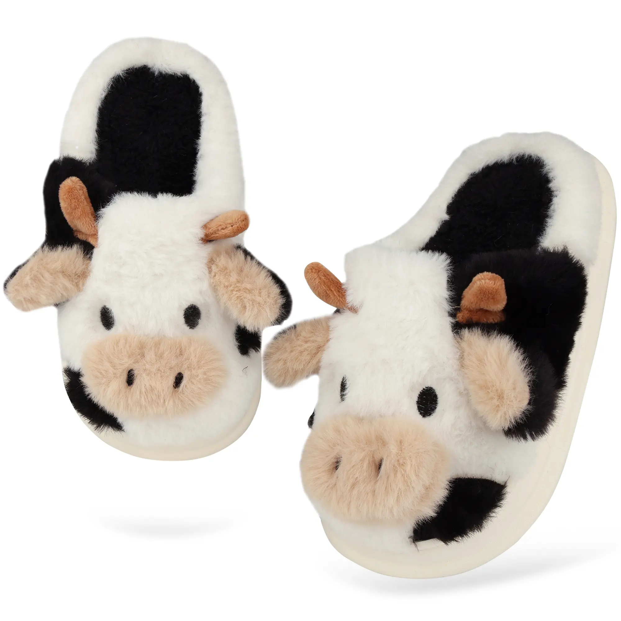 SANPON Women's Fuzzy Cow Slippers - Slip On Plush Animal Print Ankle Booties with Lightweight EVA Sole, Soft Plush Cradles Feet, Warm & Light for Indoor/Outdoor Wear, Pvc Sole