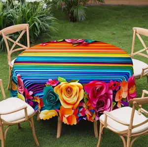 1pc Mexican-Themed Party floral pattern Tablecloth, Perfect for Cinco De Mayo Decorations And Fiesta Celebrations, Featuring a Striped Colorful Floral Background. Ideal for Decorating Bedrooms, Dining Tables, And Outdoor Spaces table linens