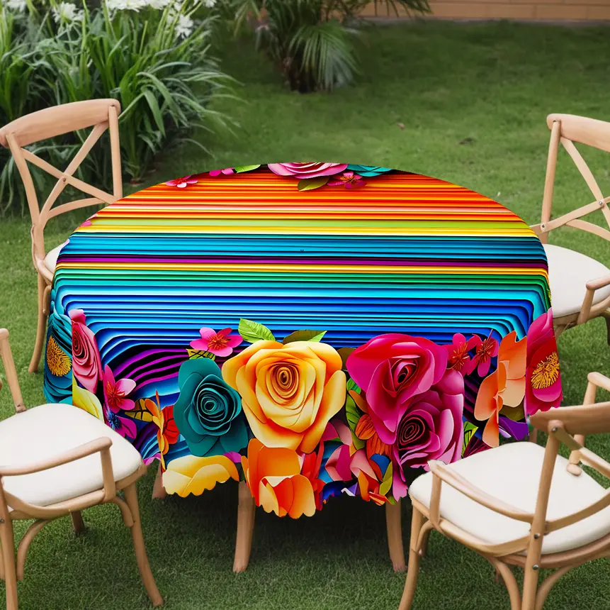 1pc Mexican-Themed Party floral pattern Tablecloth, Perfect for Cinco De Mayo Decorations And Fiesta Celebrations, Featuring a Striped Colorful Floral Background. Ideal for Decorating Bedrooms, Dining Tables, And Outdoor Spaces table linens