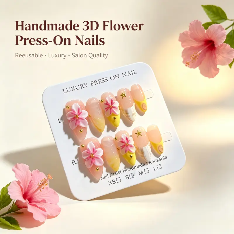 Handmade Color-Block Press-On Nails - Cute Long Carved Flower, Pure Gel Soft Flex Acrylic, Seamless Cuticles, Salon Look Nail Art Products for Daily Wear Manicure