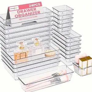 24pcs Clear Plastic Organizer, Acrylic Organizers For Desk, Kitchen Drawer Organizer And Cosmetics Containers, Make Up Organizers For Vanity, Junk Drawer, Vanity Organizer And Brush Holder, Desk & Drawer Organizer For Home Storage