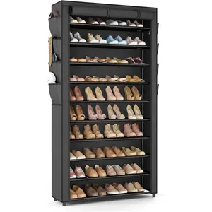 10-Tier ABS Dustproof Tall Space-Saving Shoe Rack with Cover, Large-Capacity Free-Standing Organizer for 50-55 Pairs of Shoes & Boots, 8-Pocket Storage Shelf for Closet, Entryway, Garage (Black)