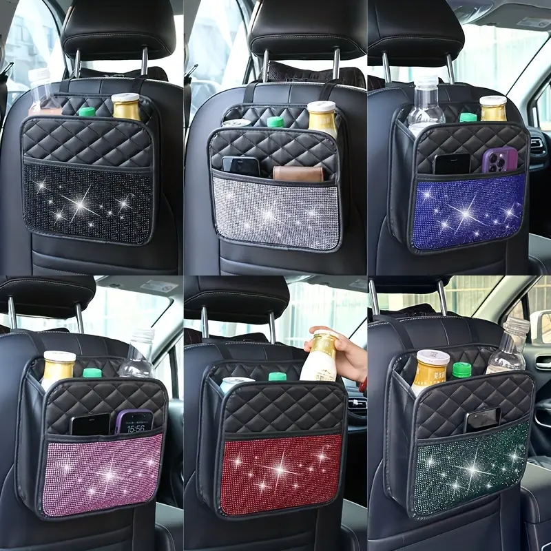 Bling Rhinestone Electric Dipstick Car Seat Back Organizer - PU Leather Multi-Functional Storage Bag, Car Accessories, Fits Most Vehicles, Car Trinkets