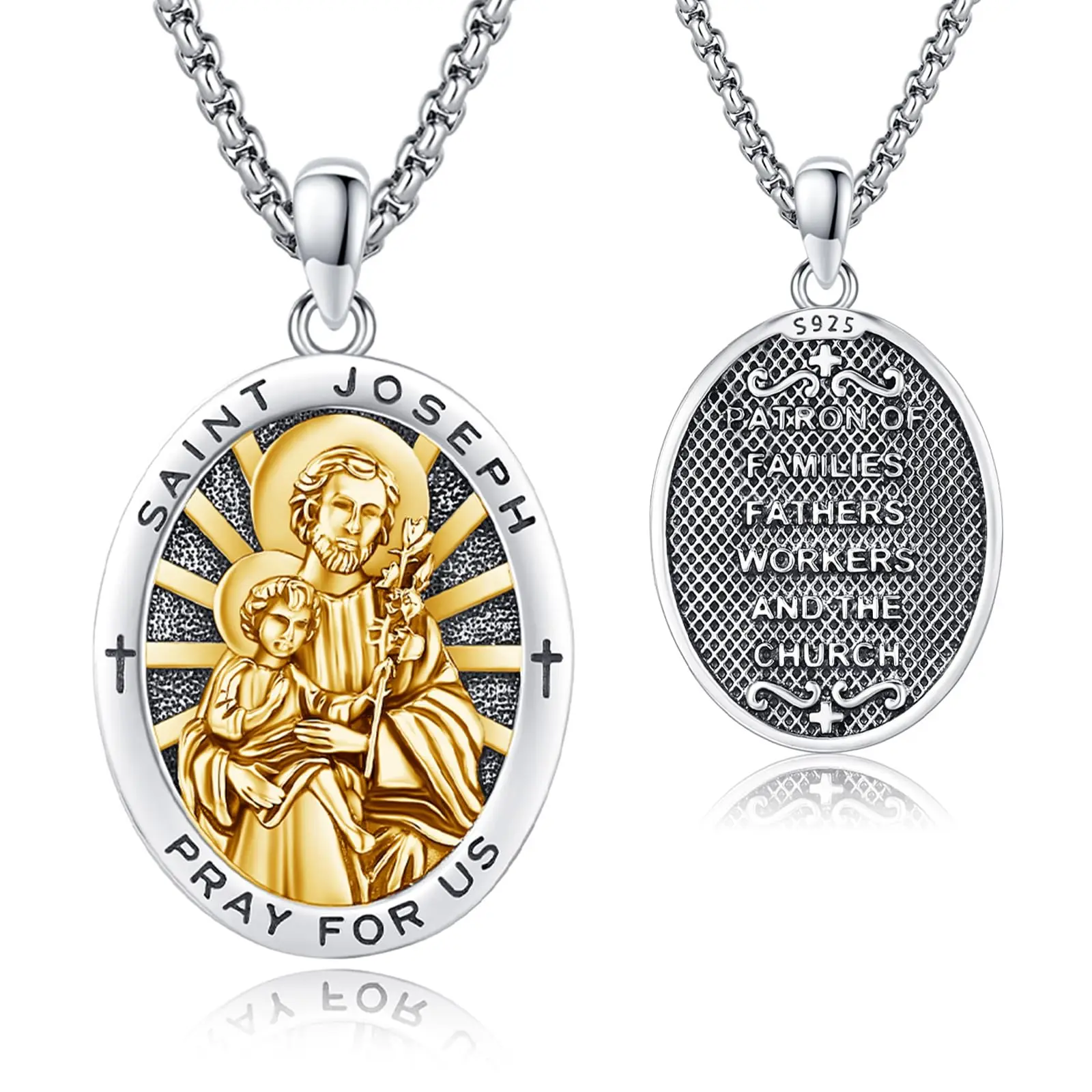 DRINSPER St Joseph Chain Necklace for Men, Retro 925 Sterling Silver Patron Saint of Families Pendant, Religious Protection Amulet Jewelry Gift with 22+2" Box Chain, Chain Necklaces, Jewelry Box