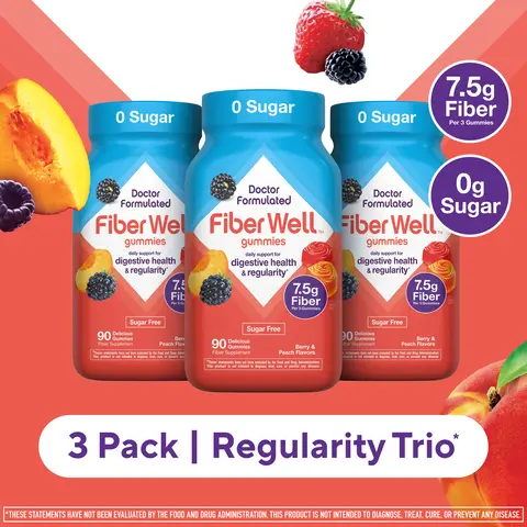 [Vitafusion] 3x Fiber Well Sugar Free Gummies - Regularity Trio -  7.5g - Berry & Peach Flavor Fiber Gummies - Supports Digestive Health & Regularity - Doctor Formulated - 270 Gummies - 3 Pack