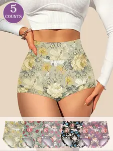 Morelect High-Waist Women's Underwear Set, 5-Pack Floral Print Comfortable Fitted Briefs, All-Season Casual Lingerie