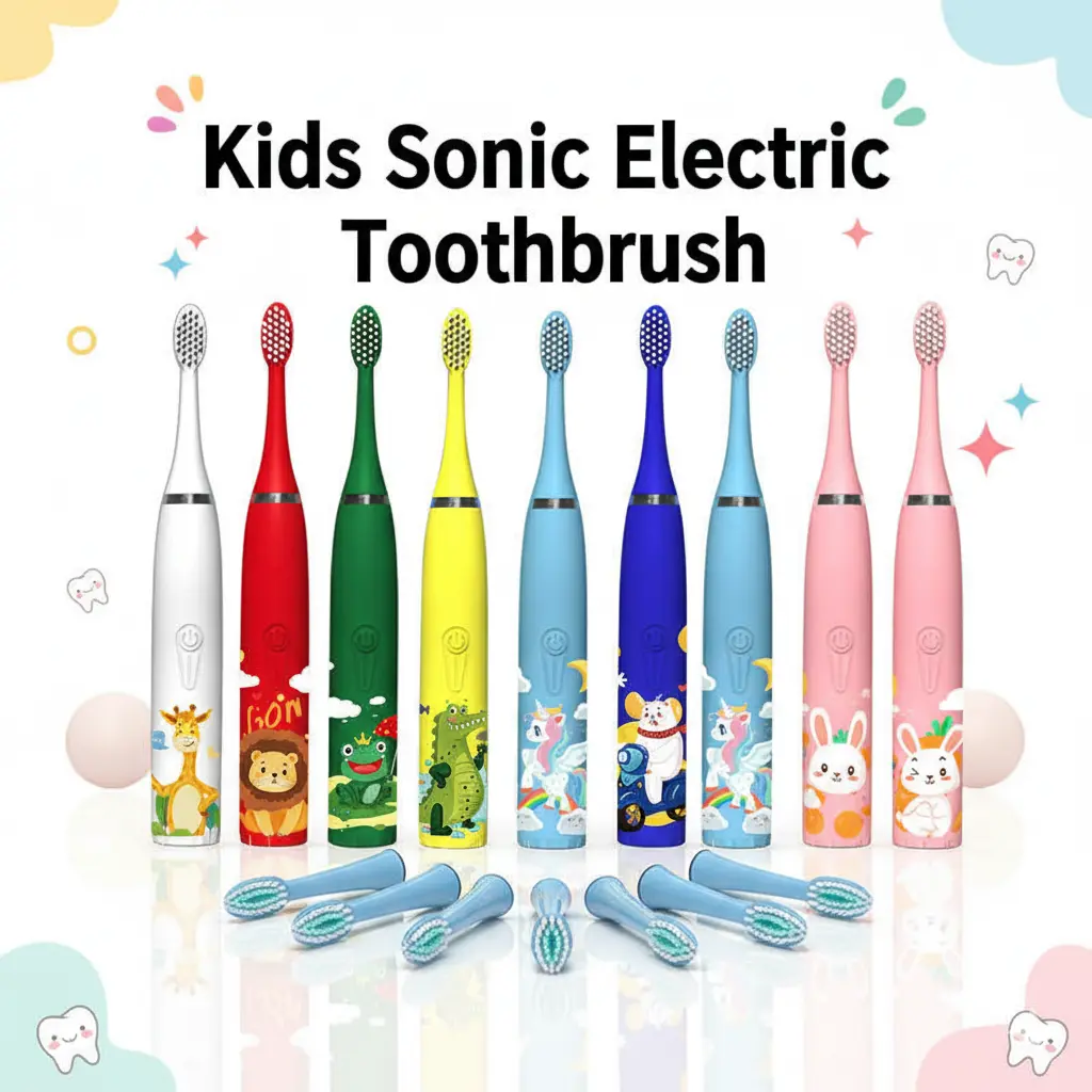 Kids Sonic Electric Bristle Toothbrush for Ages 2-15, Daily Cleansing Dental Tool with 4 Modes, Timer, IPX7 Waterproof, Fun Cartoon Design, Lightweight, Detachable Heads for Sensitive Needs, Micro USB, Battery-Powered Children’s Gift, Dental Cleaner