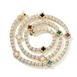 PANG Jewelry Instagram-Style Clover Necklace, Zircon Tennis Chain, Exquisite Luxury Collarbone Chain Accessory, Summer New Arrival Chain Accessory for Women, A Sparkling Zirconia Summer Collection