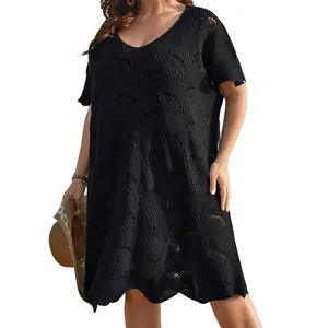 BLOOMCHIC Plus Size Short Low-Stretch Cut-Out Solid V-Neck Beach Cover-Up with Tummy Control 2026 Summer Mom Pick [M-6X] 2026 Summer Vibes