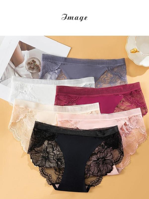 Women's 5PCS Mid-Waisted Seamless Lace Patchwork Panties, Ice Silk No-Show Bikini Underwear with Cotton Crotch, Skin-Friendly Lightweight Breathable High-Stretch Soft Daily Wear
