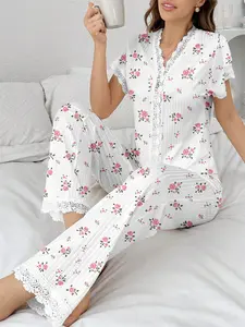 Women's Summer Sleepwear Set, Short Sleeve Lace V-Neck Long Pants, Romantic Floral Print, Soft Comfortable, Wearable at Home