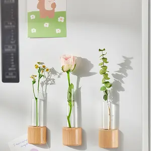 Magnetic Hydroponics Vase, Wooden Base Hydroponics Plant Vase, Desktop Plant Holder, Home Decor Supplies for Living Room Bedroom Office, Ornaments