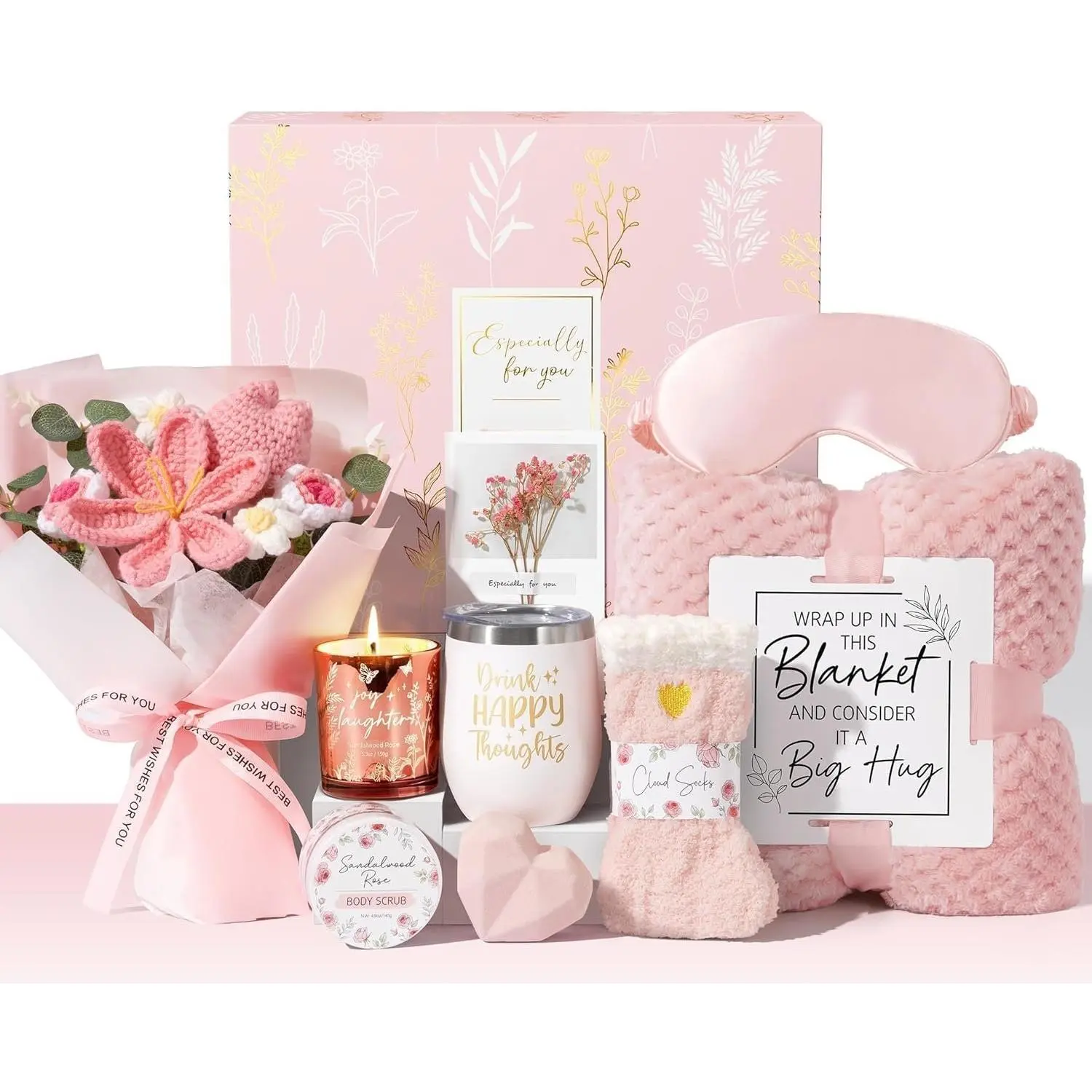 Mothers Day Birthday Gifts for Women Self Care Package Get Well Soon  Baskets, Thinking of You Sympathy   Set w/ Crochet Flower Bouquet,  Gifts for Women Mom Sister Grandma