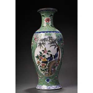 A1347 Old Chinese Copper Cloisonne Enamel Flowers Bird Design Vase