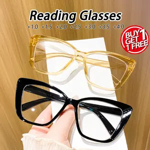 Women's Plastic Cat Eye Reading Glasses, Lightweight Durable Glasses, Minimalist Sexy Style, Trendy American Modern Fashion, Full Rim Eyewear, 2 Pairs