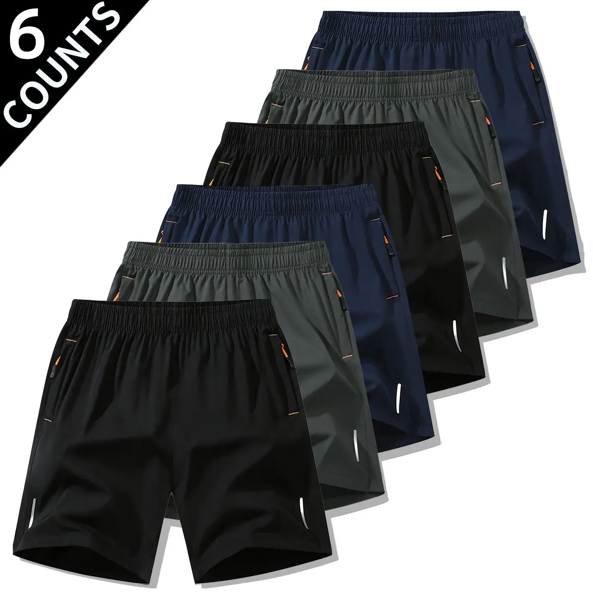 6-piece set, men's zipper pocket thin breathable quick drying fabric shorts, summer ice silk beach shorts, ice fast drying sports and leisure pants, basketball shorts, reflective strip design, men's wear, plain pants, suitable for running and fitness