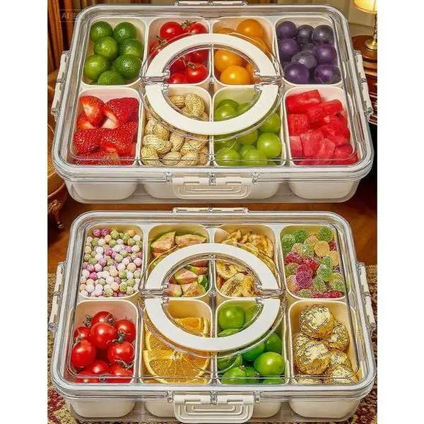 2 Pack Divided Serving Tray with Lid and Handle, Clear Snack Container for Travel and Party, Portable Organizer for Candy and Fruits, Reusable Charcuterie Box, Leakproof Picnic Platter for Outdoor