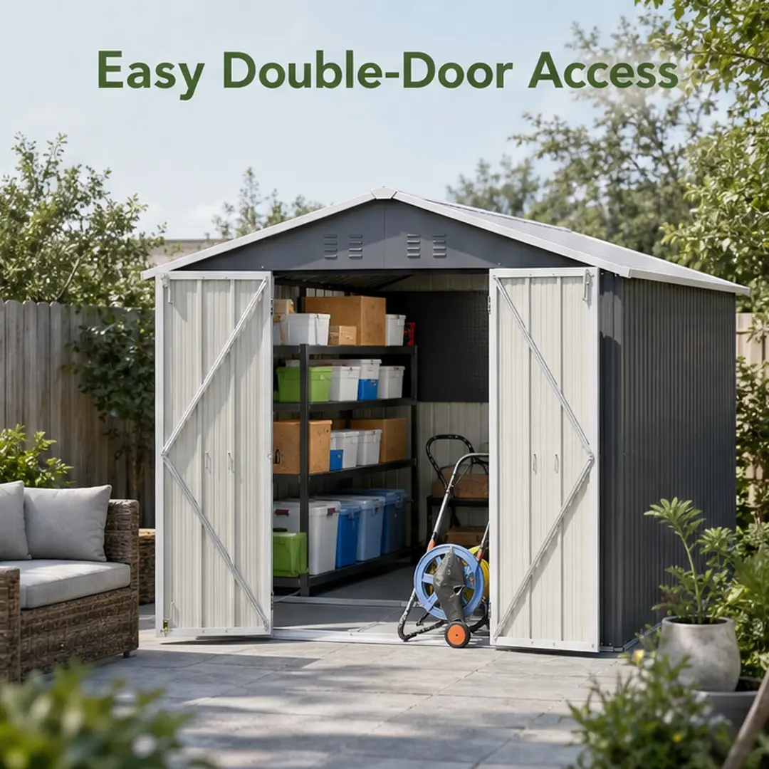 8x12 FT Outdoor Storage Shed, Large Metal Tool Storage with Aluminium Frame and Lockable Doors, Gray, 230 lb, 146x94.63x79.27 in