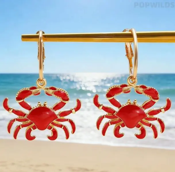 Women's Whimsical Alloy Hoops Earrings - Bold 'n Vibrant Animal Lobster Crab Pendants, Coastal Resort Beachwear Costume Jewelry for Euro-American Vacation & Daily Wear, Adorable Style Earrings, Lightweight, Whimsical Earrings