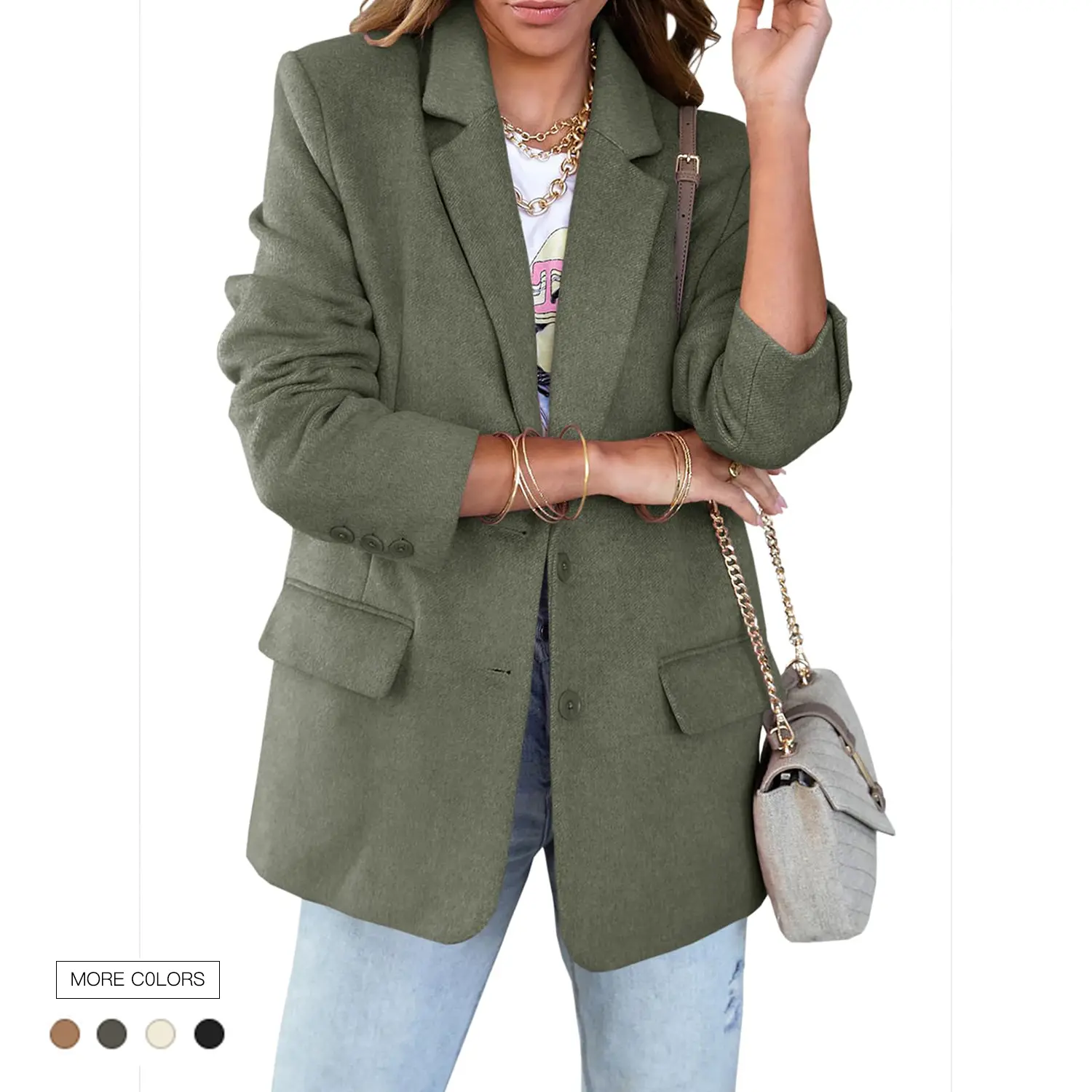 Women's Fitted Blazer Jacket with a Contemporary Twist - Chic Open Front with Notch Lapel for Work & Casual Wear, Chic And Stylish, Khaki, Spandex, Long Sleeve, Polyester, Rayon