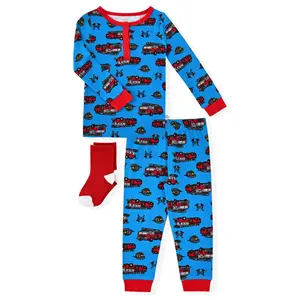 Sleep On It Infant & Toddler Boys 2-Piece Super Soft Jersey Snug-Fit Pajama Set with Matching Socks - Fire Trucks