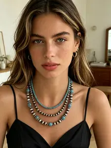 3PCS/set Vintage Niche Navajo Jewelry Necklace Pendant Design Female Turquoise Multi-layer Three-piece Set Necklace Promisebeach Summer Holiday Party