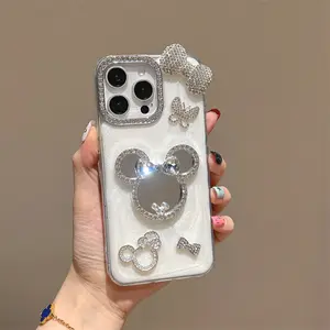Luxurious Mickey Mouse Touch-Up Mirror Phone Case For iPhone 17 16 15 14 13 12 Pro Max  Light Luxury, Trendy, Sparkling Diamond-Studded Mirror Ring, Shock-Resistant Protective Case for Women