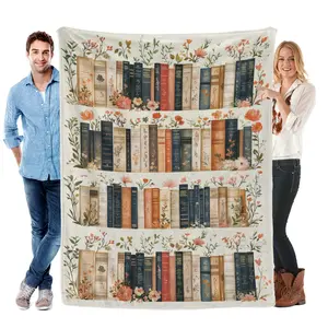 Vintage Bookshelf Library Throw Flannel Blanket, Cottagecore Book Wildlowers Blanket Gift For Book Lover Library Gift Floral Bookish Gift For Reader libary decor reading accessory