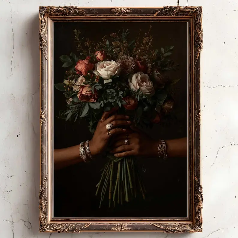 [Unframed Poster] Vintage Black Woman Print, Afrocentric Couple Art, Dark Moody Victorian Gothic Art Print, 19th Century Decor, Floral Portrait Prints