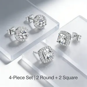 Unisex 4-Piece Moissanite Stud Earrings Set – 1CT Round & Square Cut, Diamond-Cut Fire, Hypoallergenic Silver-Plated, Full Cubic Zirconia Halo, 8mm Everyday Luxury for Couples or Mismatched Style