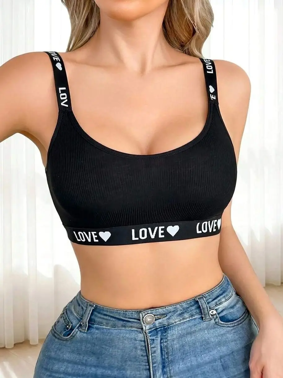 Women's Ribbed Wireless Bralette | Seamless Scoop Neck Comfort Bra with Letter Strap | Soft Stretch Everyday Lounge Bra | Available in Multiple Colors