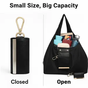 Keychain Tote Bag Expandable Leather Mini Bags with Key Ring Foldable Reusable Grocery Bag Portable Travel Handbag for Daily Errands and Shopping
