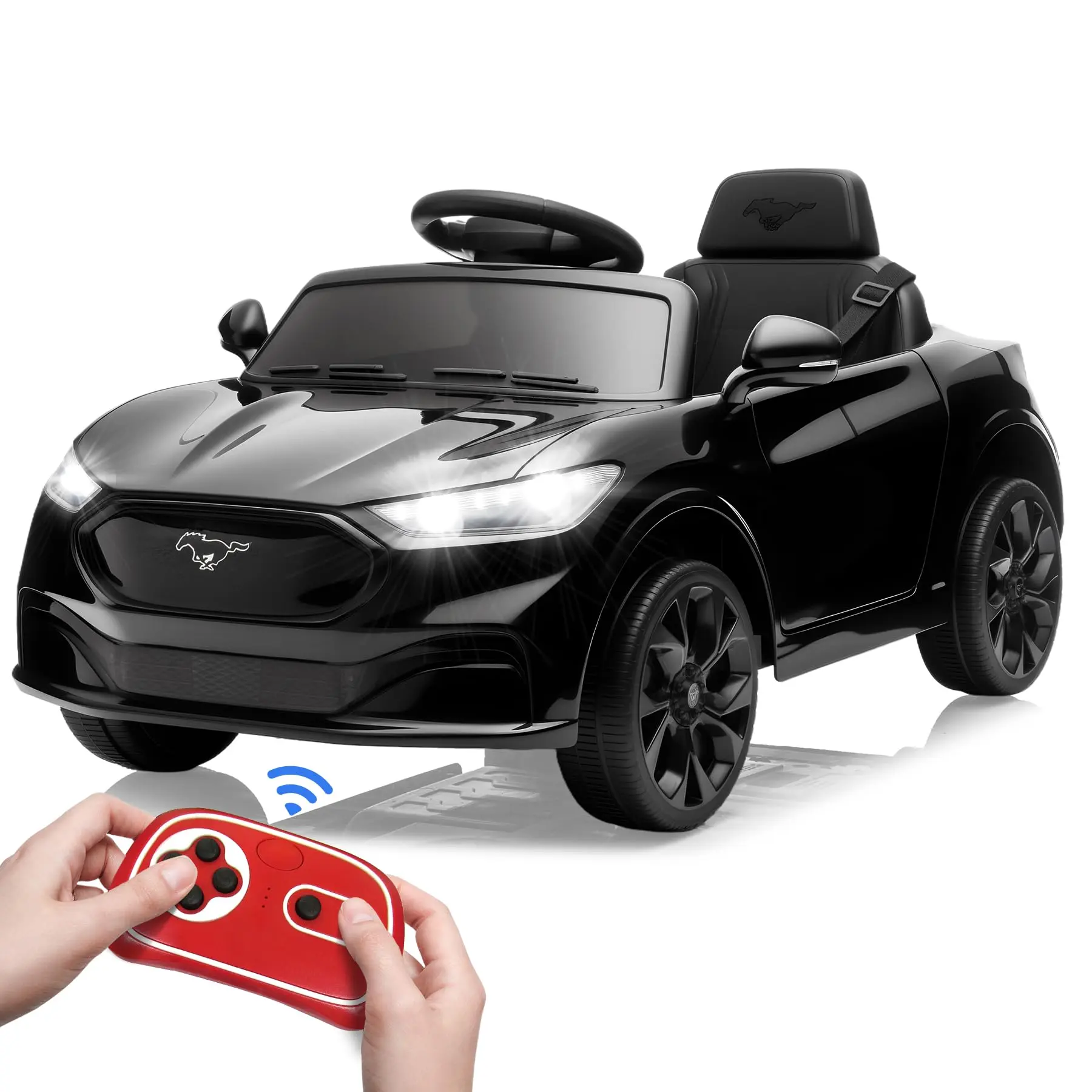 Ford 12V Licensed Mustang Electric Ride-On Car Vehicle for Unisex Names Kids 3-8 Years, Remote Control Power Wheels, 4-Wheel Drive, 2 Speeds, LED Lights, Music On Board, Adjustable Safety Harness, Rechargeable, Realistic Look, 2Speed Control