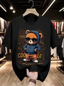 Men's Cool Bear Graphic T-Shirt, Funny Streetwear Animal Print Tee, 100% Cotton Soft Breathable Casual Short Sleeve Crew Neck Top, Trendy Summer Fashion Gift for Men