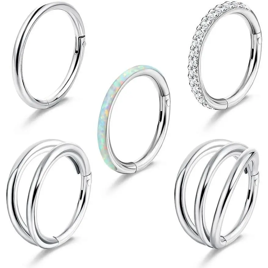 FLORIDECO 5Pcs 8mm 18G-16G Surgical Steel CZ Body Piercing Jewelry - Unisex Hinged Easy-Insert Clicker for Septum, Lip, Hoop Earrings,summerwins