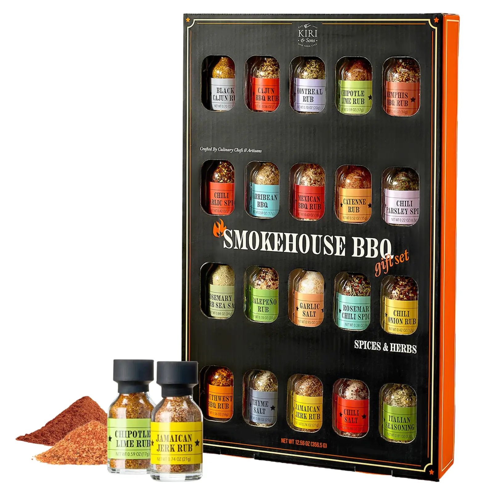 Kiri & Sons Smokehouse BBQ Gourmet Grilling Spice Set | 20-Set | Glass Bottle Seasonings, Grill Seasoning Flavors Include Caribbean, Jamaican Jerk, Jalapeno Rub, Montreal, Cajun Chili Garlic & More