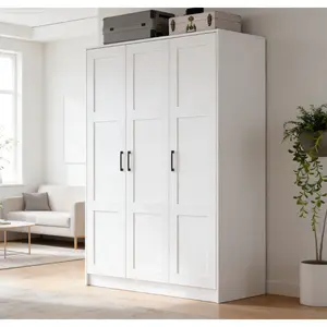 White 3-Door Wardrobe Cabinet, Freestanding Closet Organizer with Shelves, MDF Construction, Space-Saving Design for Bedroom, Living Room, Hallway (Multi-Box Packaging)