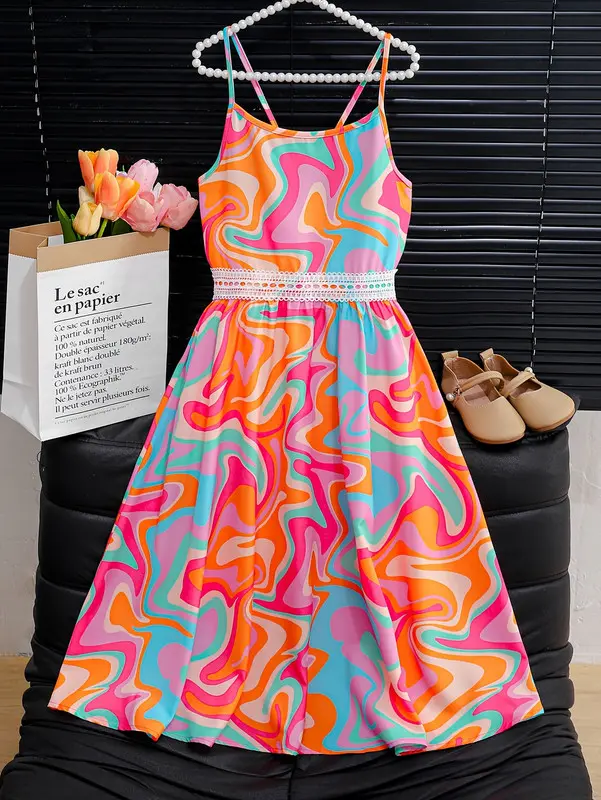 Ready Stock 8-12Y Girls' Summer Bohemian Lace Dress Sleeveless Waist-Cinching Cross-Strap with Geometric Print, Perfect for Beach Vacations and Casual Outings 2025SumG0018