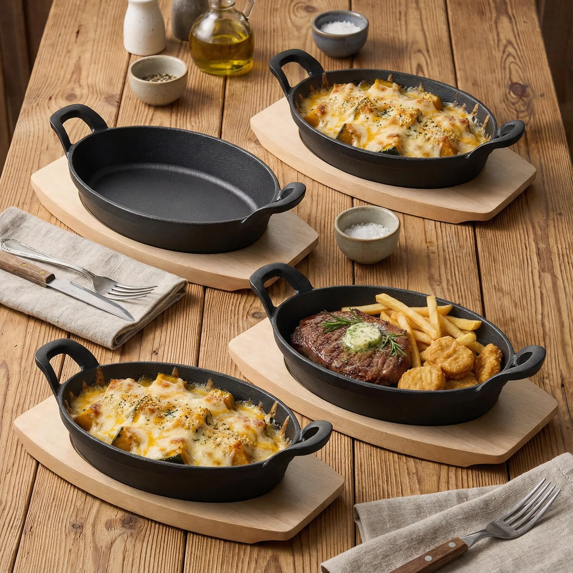 Cast Iron Grill Pan with Wooden Tray – 2/4 Pcs Sizzling Plate with Binaural Handles, Non-Stick Oval Skillet for Steak, Fish, Vegetables, Stovetop to Table #CastIronSkillet #SizzlingPlate